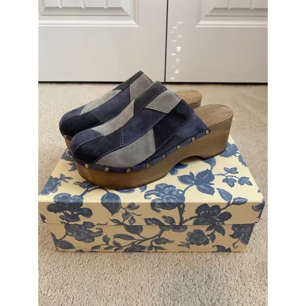 Sezane Blue And Gray Patchwork Platform Mules - image 1
